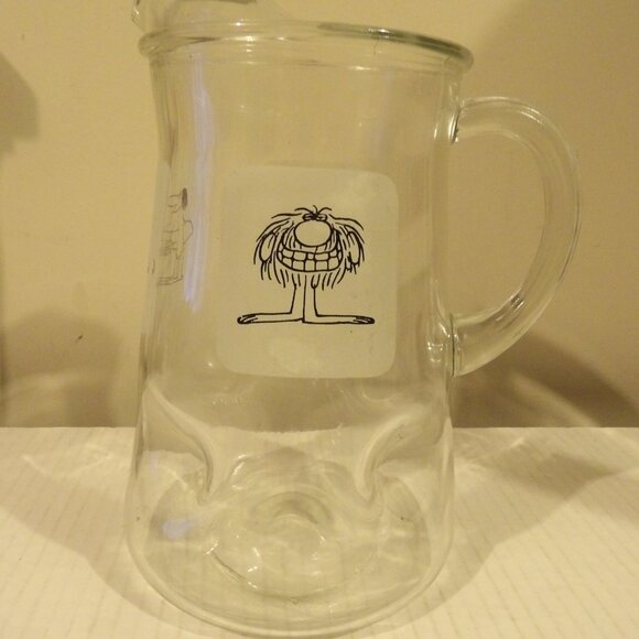 + VTG BC Caveman '70s Comics Clear Glass Pitcher & 5 Glass Set Dimpled Grog Hart - Picture 2 of 8